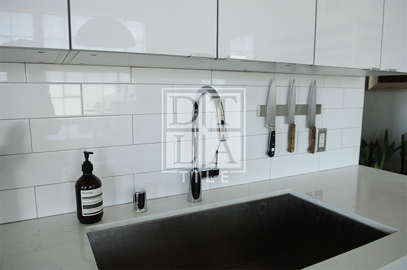 Close up look of tile kitchen backsplash in Fashion District at Downtown Los Angeles