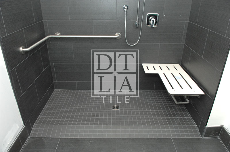 Front view of tile installation in Silveralake Handicap shower with KBRS Tilable Ramp
