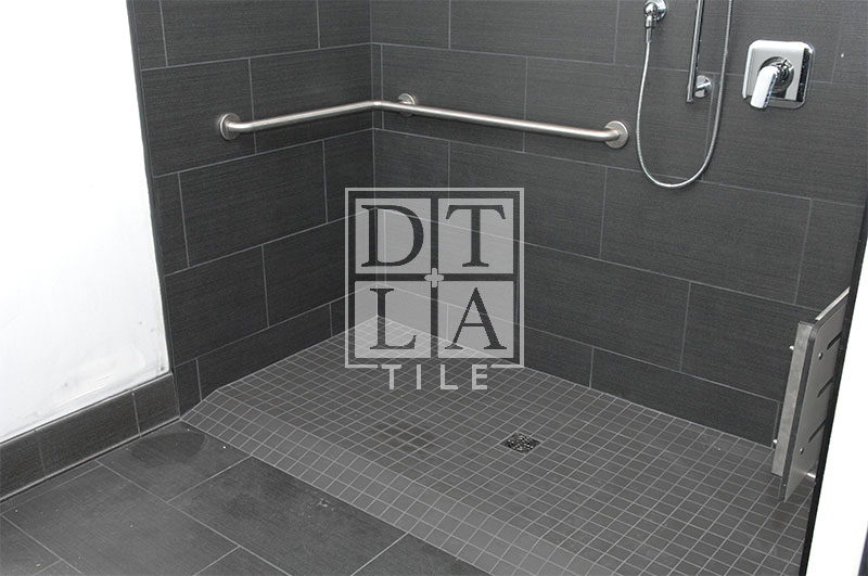 Overall view of tile installation in Silverlake handicap shower with KBRS Tilable Ramp